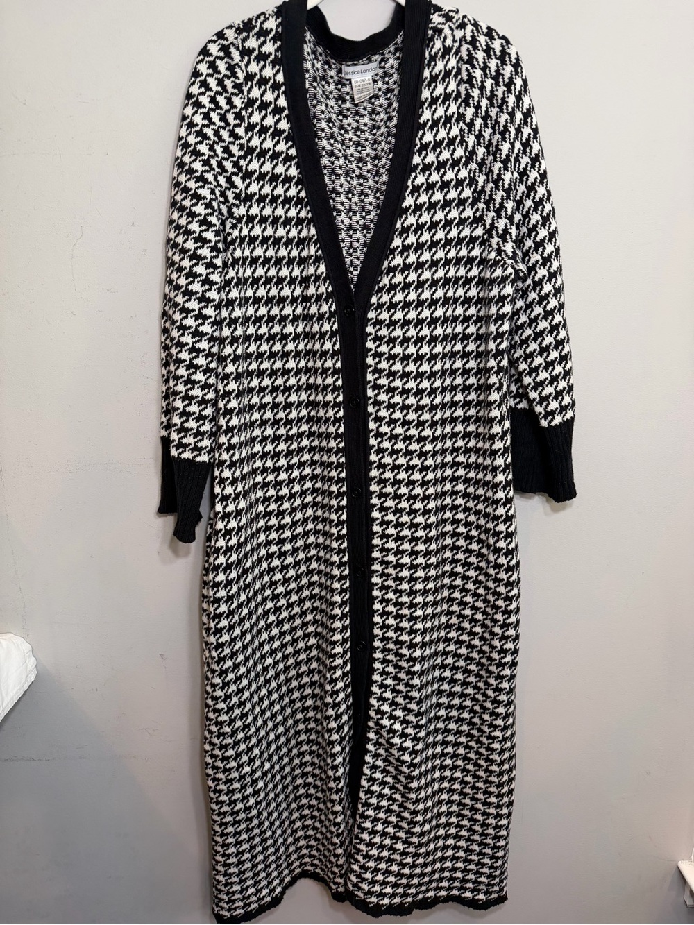 Jessica London black white houndstooth button front duster sweater dress 22 24